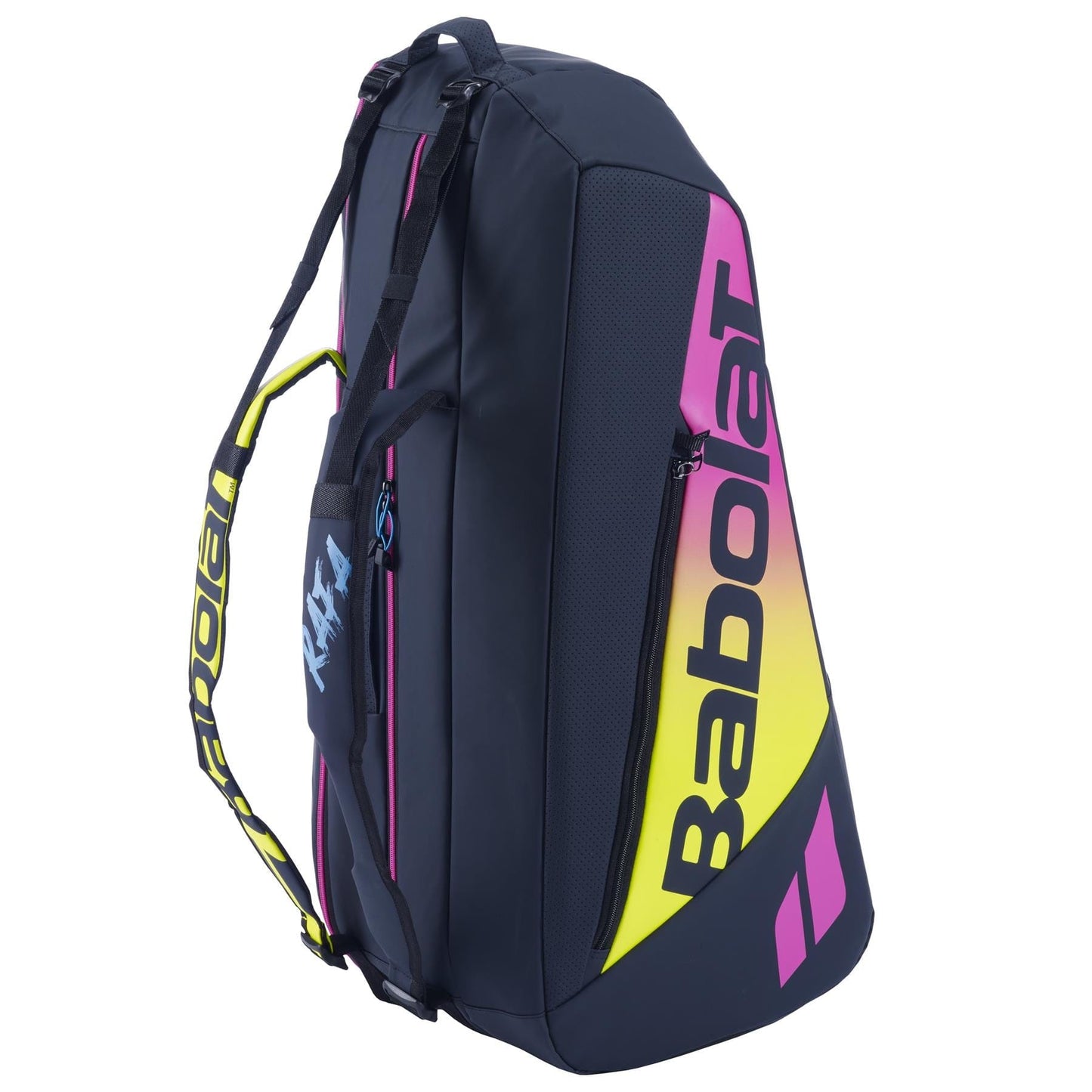 The Babolat RH6 Pure Aero Rafa II Tennis Bag, showcasing a vibrant blue, yellow, and pink design, is ideal for advanced players. It features multiple zippered compartments and an adjustable shoulder strap to complement its sleek aerodynamic style, perfect for carrying all your tennis gear with ease.