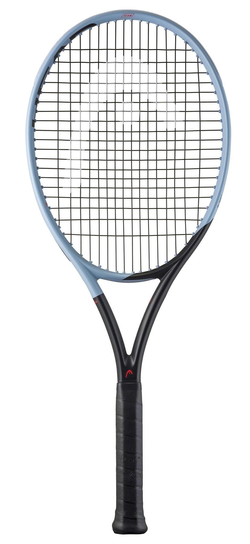 The HEAD Instinct Team 2025 Tennis Racket features a sleek, modern design with a light blue frame and black grip. Boasting tightly strung strings and a discreet logo on the throat, this racket is enhanced by Auxetic technology for superior performance on the court.