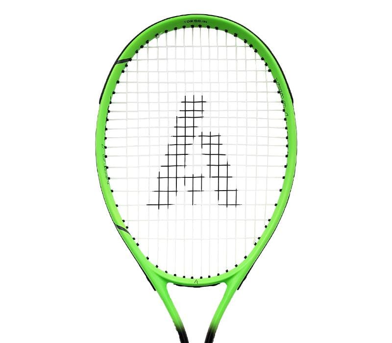 The Ashaway Fusion Power 2700 Tennis Racket - Green, designed for beginners, features a green frame with white strings. It provides an ideal balance of maneuverability and power. The strings boast a bold black geometric design at the center contrasting against the plain background.