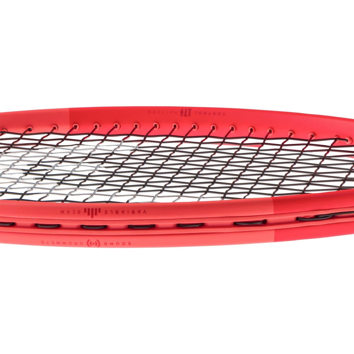 Close-up of the HEAD Radical MP 2025 Tennis Racket in orange, featuring a black string pattern with Auxetic 2.0 technology for all-court performance. The image highlights visible grommets and subtle branding near the top edge, showcasing its intricate design.