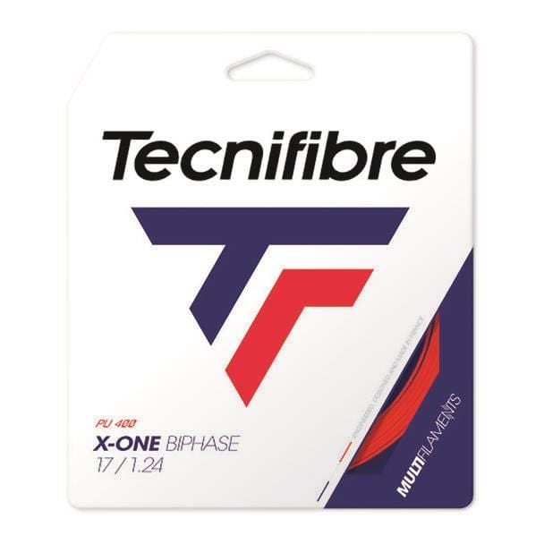 The Tecnifibre X-One Biphase Tennis String Set in red is a premium product known for delivering ultimate power. It features a 17/1.24 gauge and comes in packaging that is predominantly white, adorned with red and blue accents, and prominently displays the iconic "T" logo that emphasizes the famous Biphase process.