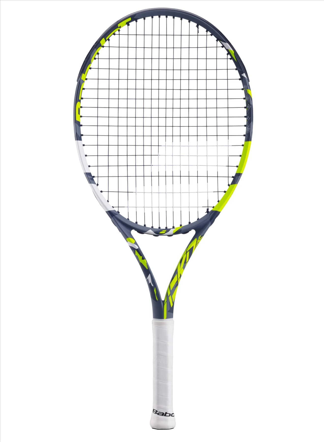 The Babolat Aero Junior 25 tennis racket features a contemporary, athletic design with a grey and yellow frame, complemented by a striking white grip and black stringing. Ideal for young athletes, the brand name "Babolat" is prominently displayed on the side.
