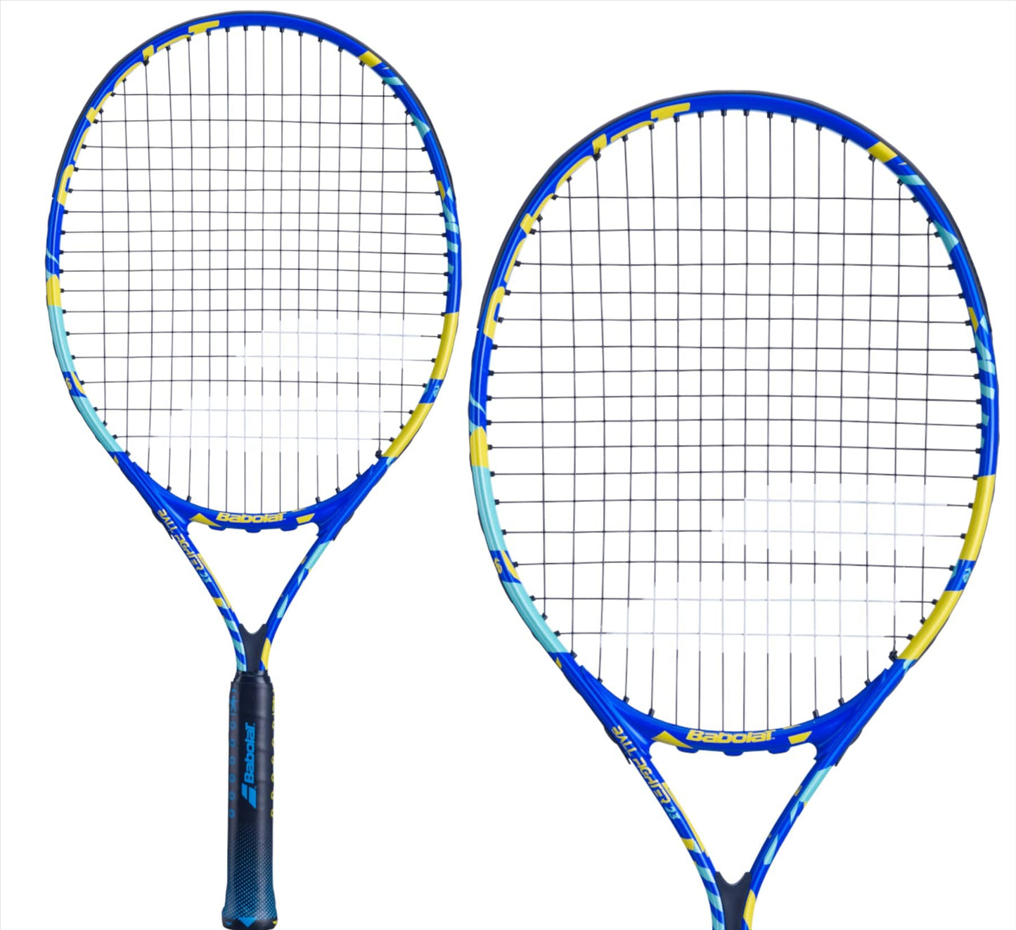 Two Babolat BallFighter 25 Junior Tennis Rackets in blue and yellow, featuring black handles, are on display. The racket on the left is depicted from the front view, while the one on the right is positioned at an angle to showcase its teaching grip and frame design.
