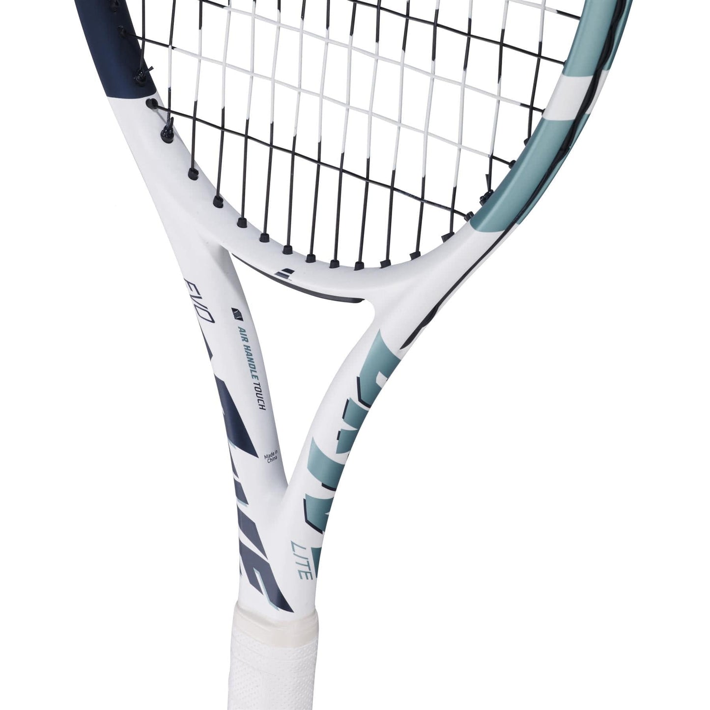Close-up of the Babolat EVO Drive Lite Gen 2 Tennis Racket - White, featuring blue accents and an Air Handle Touch grip. The strings create a precise grid on its sleek frame adorned with logos, showcasing its advanced design.