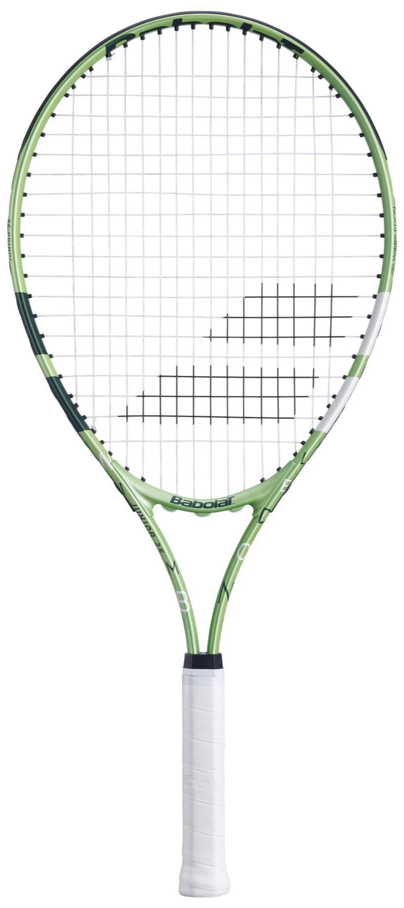 The Babolat Junior 25 Wimbledon 2025 Tennis Racket in Champagne Green is shown with a white grip and black strings against a white background—ideal for young tennis players.