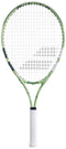 The Babolat Junior 25 Wimbledon 2025 Tennis Racket in Champagne Green is shown with a white grip and black strings against a white background—ideal for young tennis players.