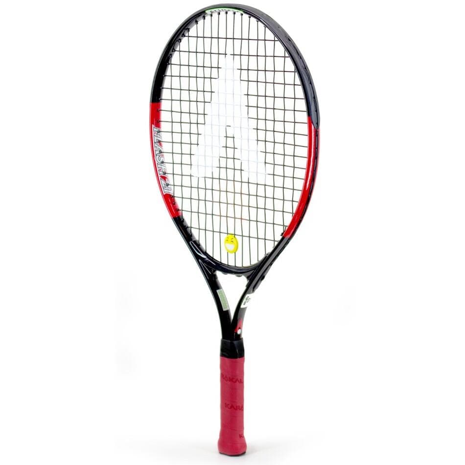 The Karakal Flash 21 Junior Tennis Racket, featuring a red and black frame, white strings, and a red grip, stands upright against a simple backdrop. Designed for young players, the racket's logo is prominently displayed in the center of the strings.