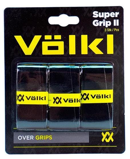 The Volkl Super Grip II Tennis Overgrip - 3 Pack in Black features three tennis overgrips highlighted with yellow branding. The predominantly black packaging with yellow text and accents emphasizes the ultra-thin, tacky feel of the overgrips, designed for superior performance on the court.