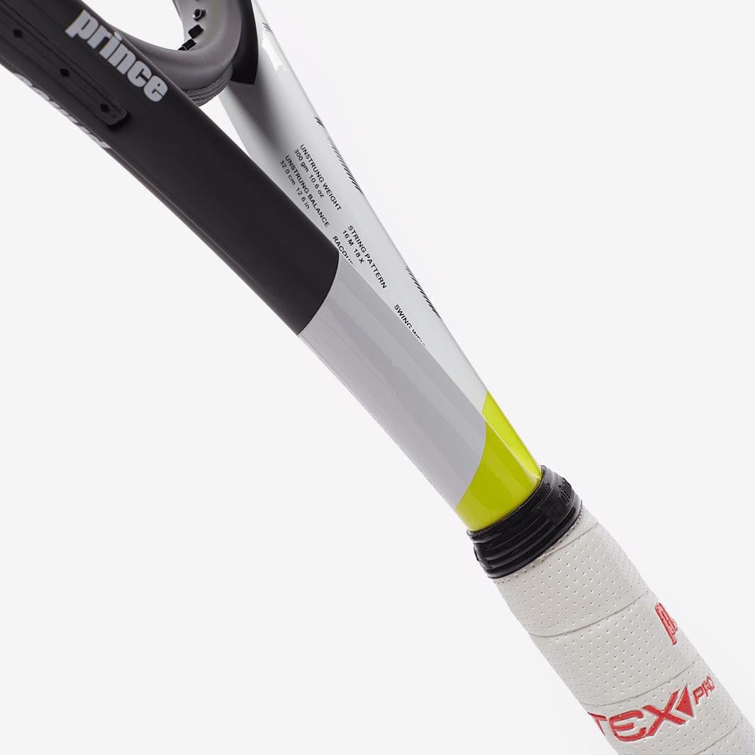 A detailed view of the tennis racket handle showcases a white grip adorned with vibrant accents. The frame prominently displays the "Prince" brand name in black, and the grip discreetly suggests "TeXtreme" technology, designed to boost power, with "TEX" partially visible against a sleek white backdrop.