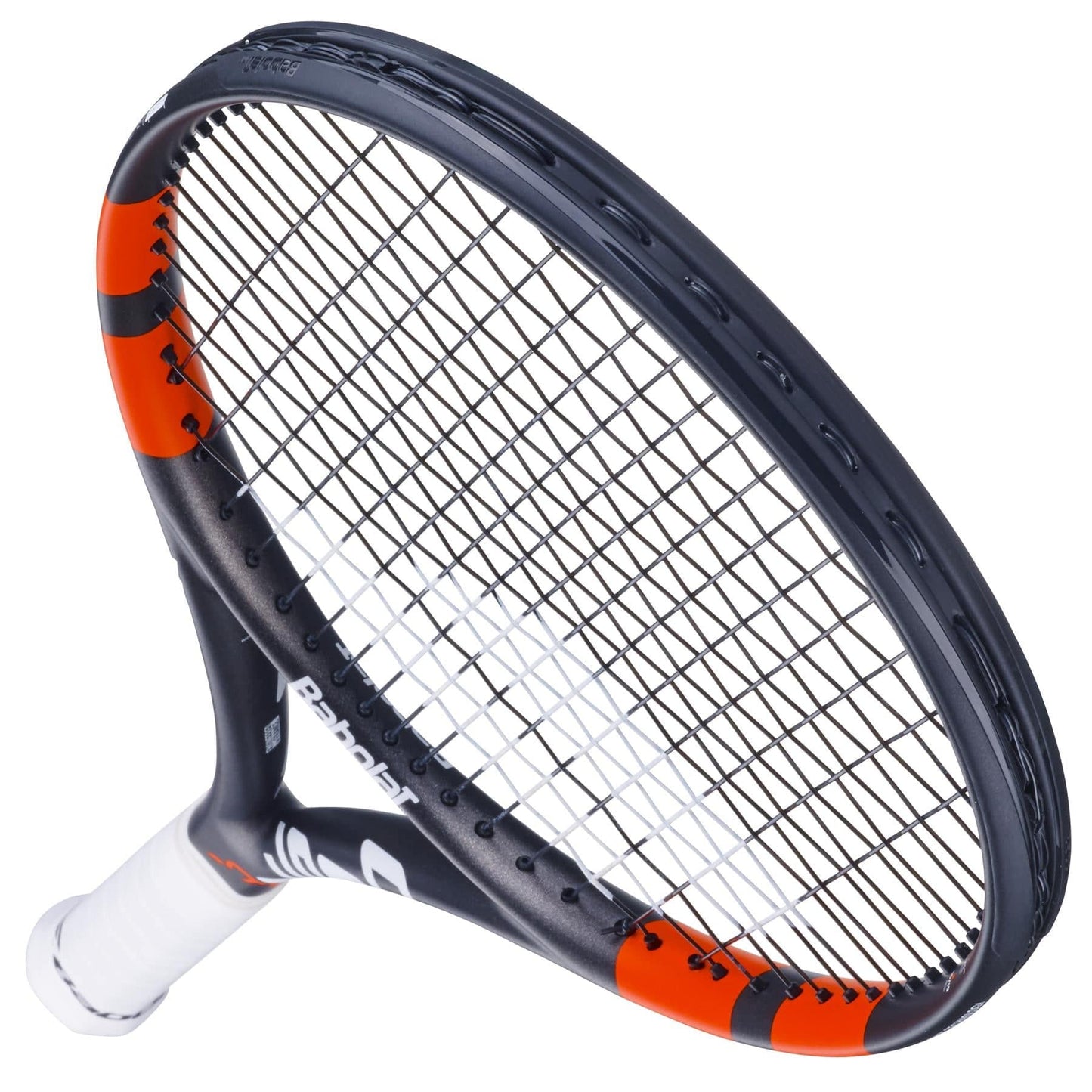 A grey and red Babolat Boost Strike 2024 tennis racket with white strings and a white grip is tilted at an angle. The brand name on the frame highlights its modern and sleek design, engineered for maximum power on every swing.