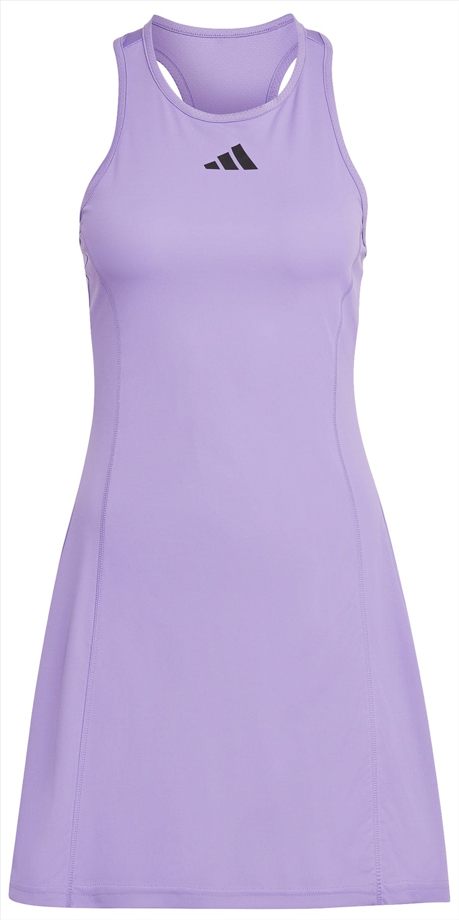 This Adidas Womens Club Tennis Dress in light purple boasts a sleeveless design with a racerback and a black logo on the chest. Crafted from Primegreen fabric, it offers a smooth and fitted silhouette, perfect for both sports and casual occasions. Experience the comfort of AEROREADY moisture-wicking technology for ultimate ease all day long.