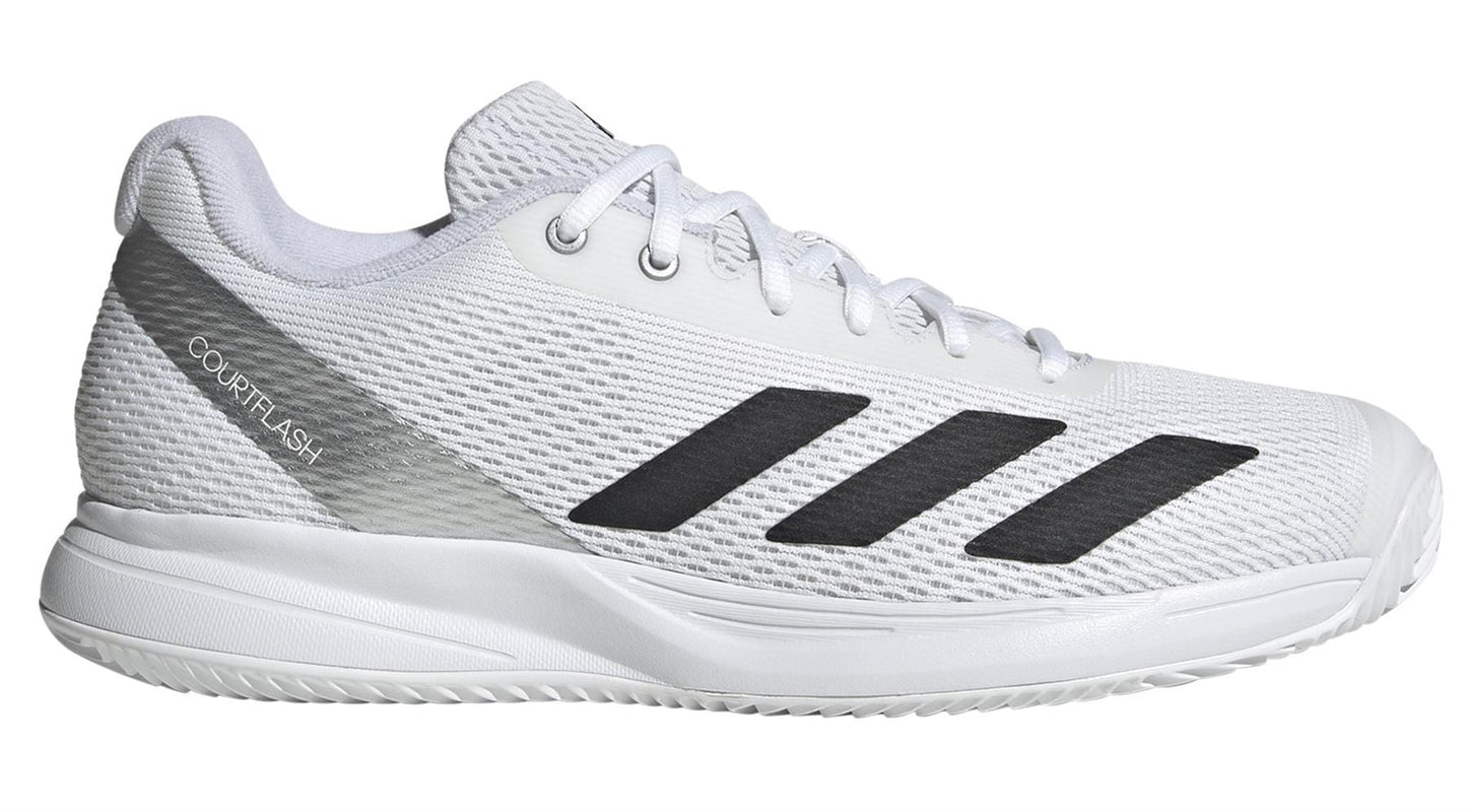 The adidas Courtflash Speed 2 Men's Tennis Shoes in white feature black side stripes, a textured Adiwear outsole, and a mesh-like upper with white laces, ideal for tennis or casual wear.