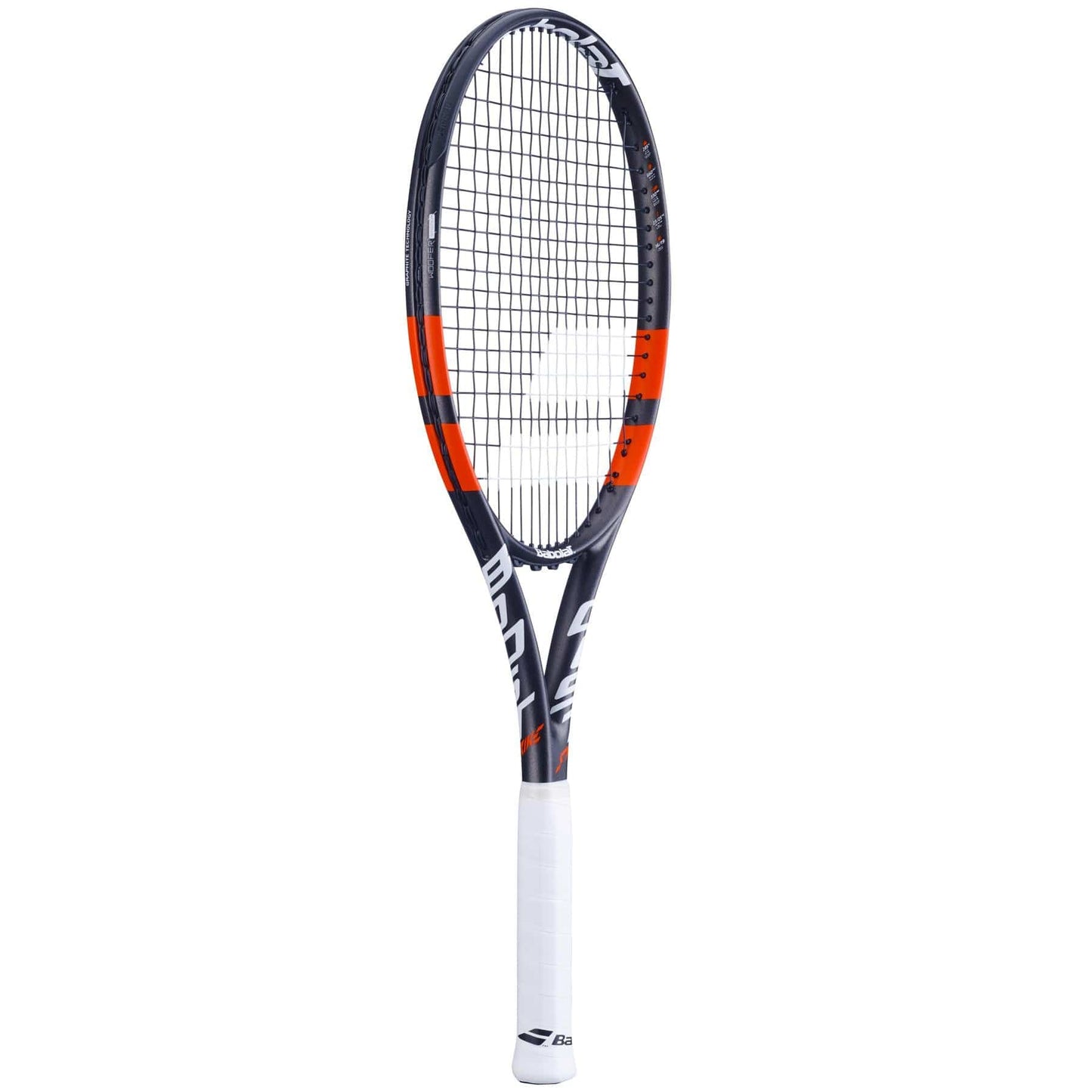 The Babolat Boost Strike 2024 Tennis Racket, offered in a sleek grey frame with red detailing, sports a grip designed for maximum power and features strings that form an intricate grid pattern to ensure precise control.