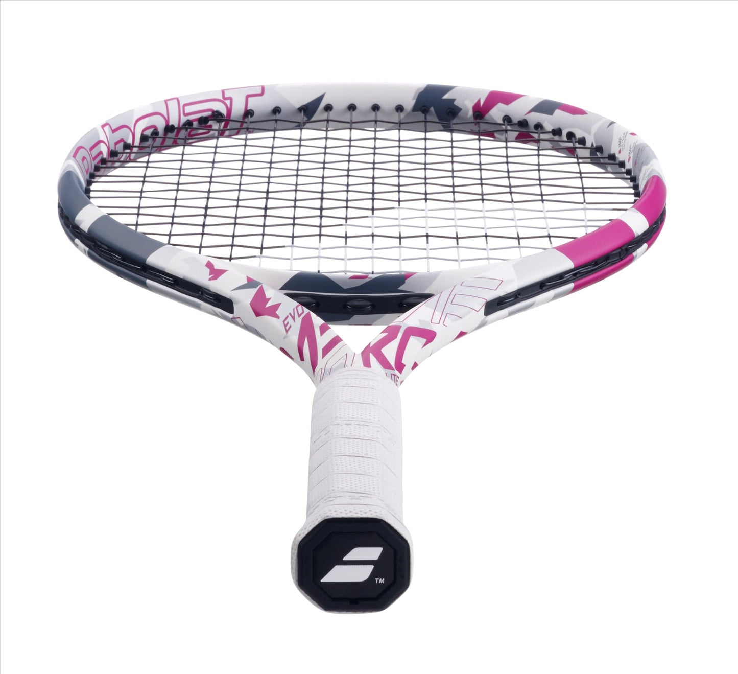 The Babolat Evo Aero Lite Tennis Racket - Pink boasts a chic pink, black, and white design complemented by a comfortable white grip. The Babolat logo is prominently featured on the end from the head view. Enjoy enhanced spin potential for unparalleled power and comfort with every swing.
