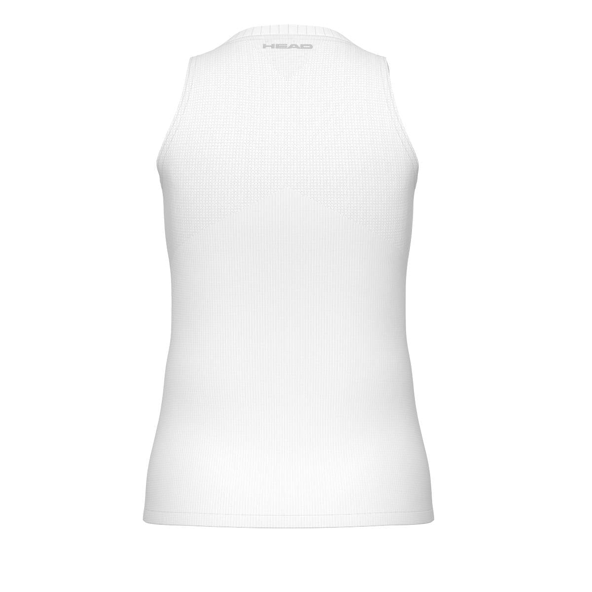 Product Description: The HEAD Performance Women's Tennis Tank Top in white, designed by HEAD, is showcased from the back. This sleeveless sportswear features a discrete logo positioned at the top of the neckline and incorporates a textured panel design on its fabric. Additionally, it includes moisture transfer technology to help keep you cool and dry during play.