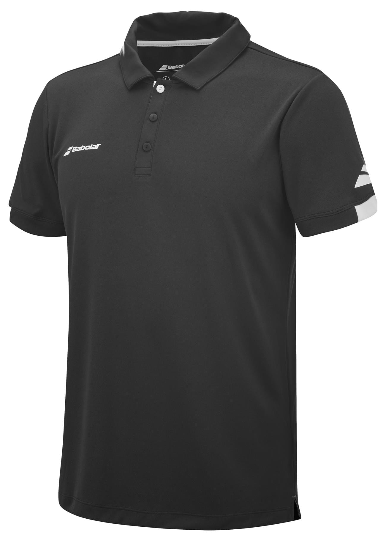The Babolat Play Men's Tennis Polo Shirt in black, from the brand Babolat, features a collared design with short sleeves. It showcases white logos on the front and a white stripe on one sleeve, crafted with Fiber Dry material and includes a stylish three-button placket.