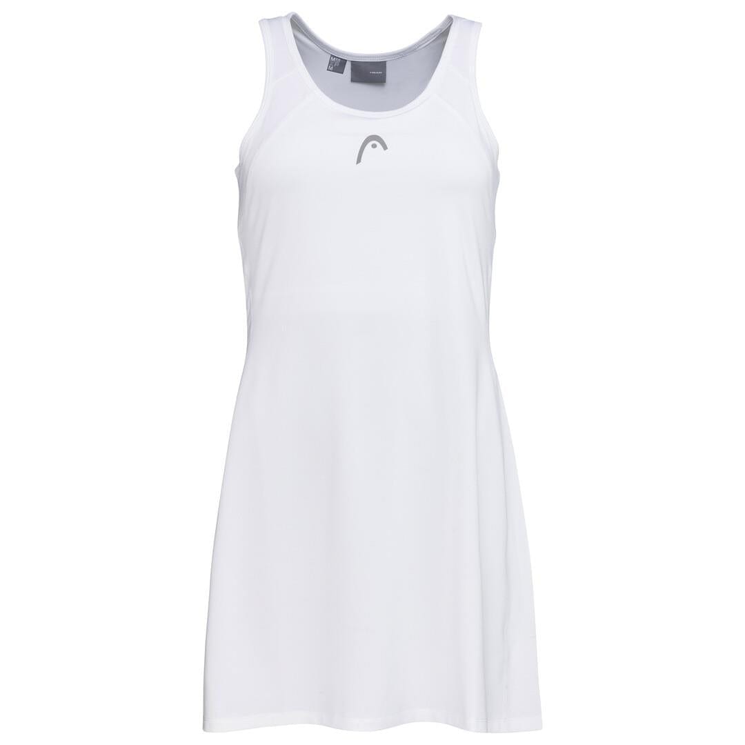 The HEAD Women's Club 22 Tennis Dress in white is a stylish, sleeveless option from HEAD Sportswear, showcasing a prominent logo on the chest and employing advanced Moisture Transfer Microfibre technology to ensure you remain cool and comfortable on the court.