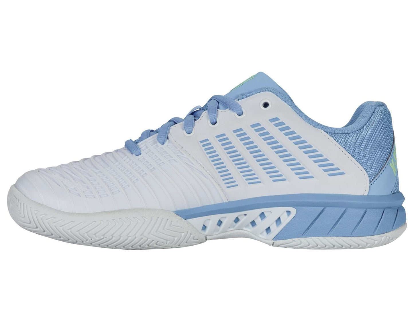 The K-Swiss Express Light 3 shoes for women offer a stylish design in blue and white, featuring a breathable mesh upper, lace-up closure, striped sides, and DuraWrap Flex technology for enhanced durability. Ideal for sports or casual use with their textured sole.
