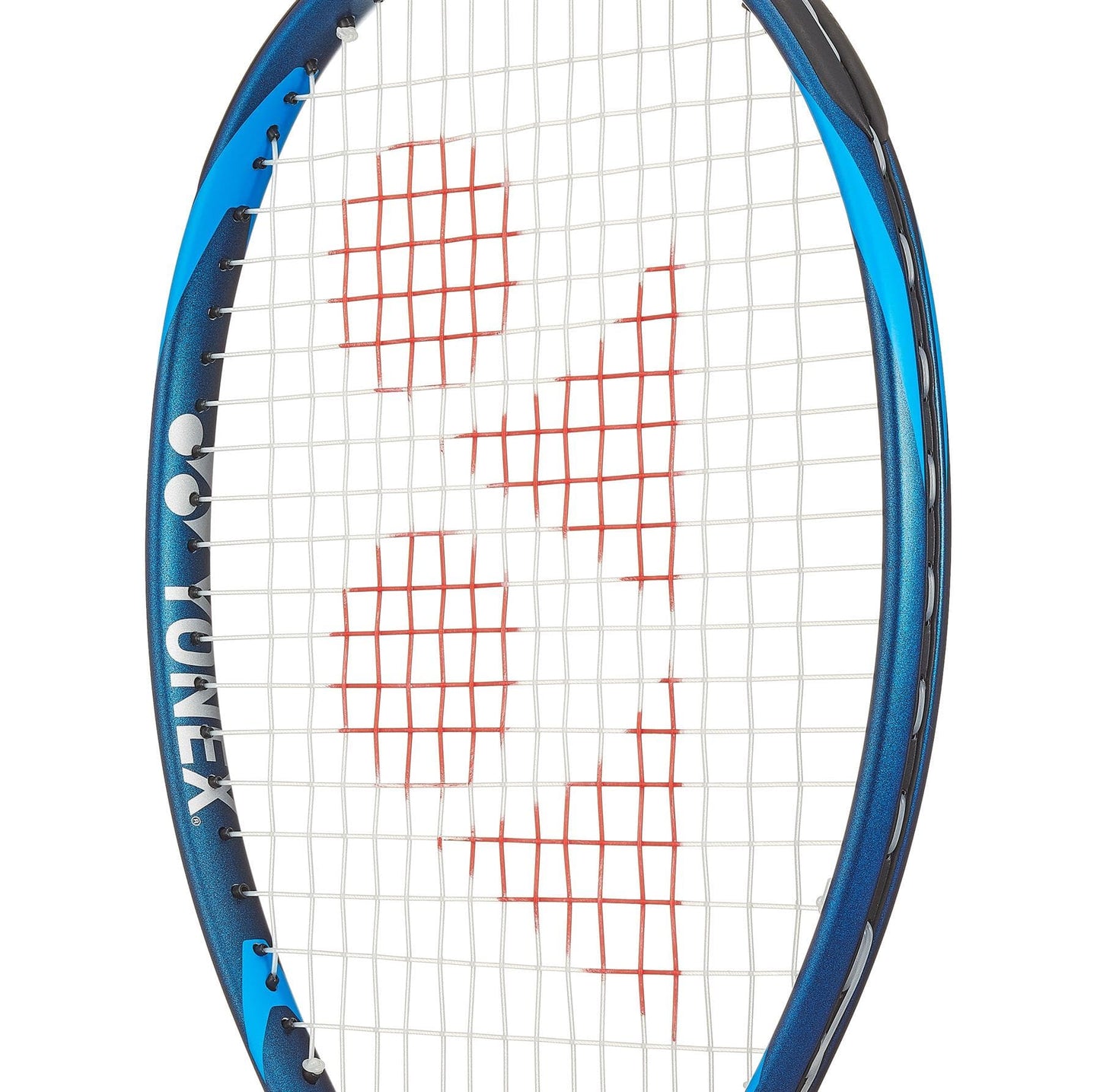 The Yonex Smash Team Tennis Racket in Deep Blue features a white string pattern adorned with red circles and triangles. Its user-friendly design, captured in a close-up, angled view, is enhanced by ISOMETRIC™ technology for improved gameplay.