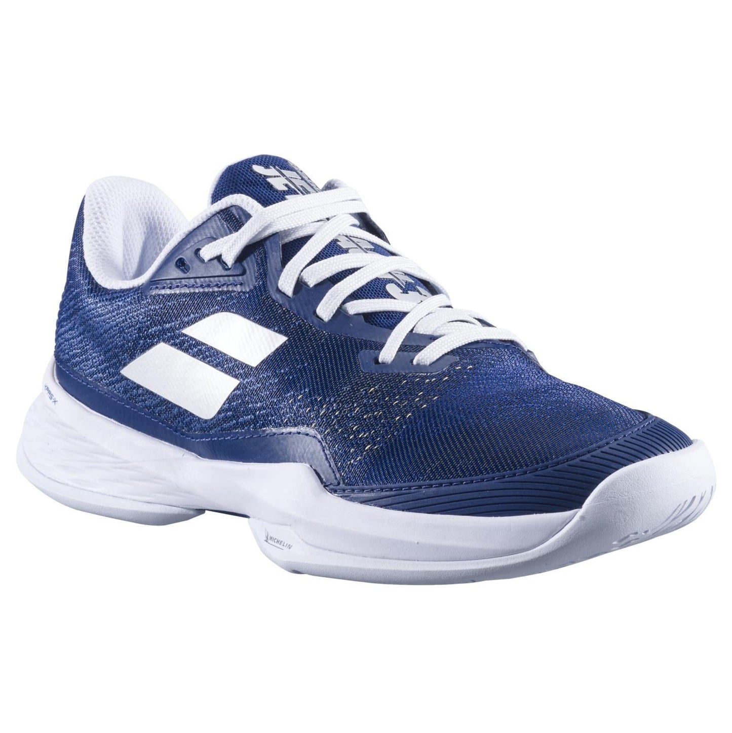 The Babolat Jet Mach 3 All Court 2025 Women's Tennis Shoes in dark blue feature a sleek design with laces, a white logo, and a Michelin sole. The low-cut shoe features textured, mesh-like fabric enhanced by Matryx technology for ultimate comfort and performance.