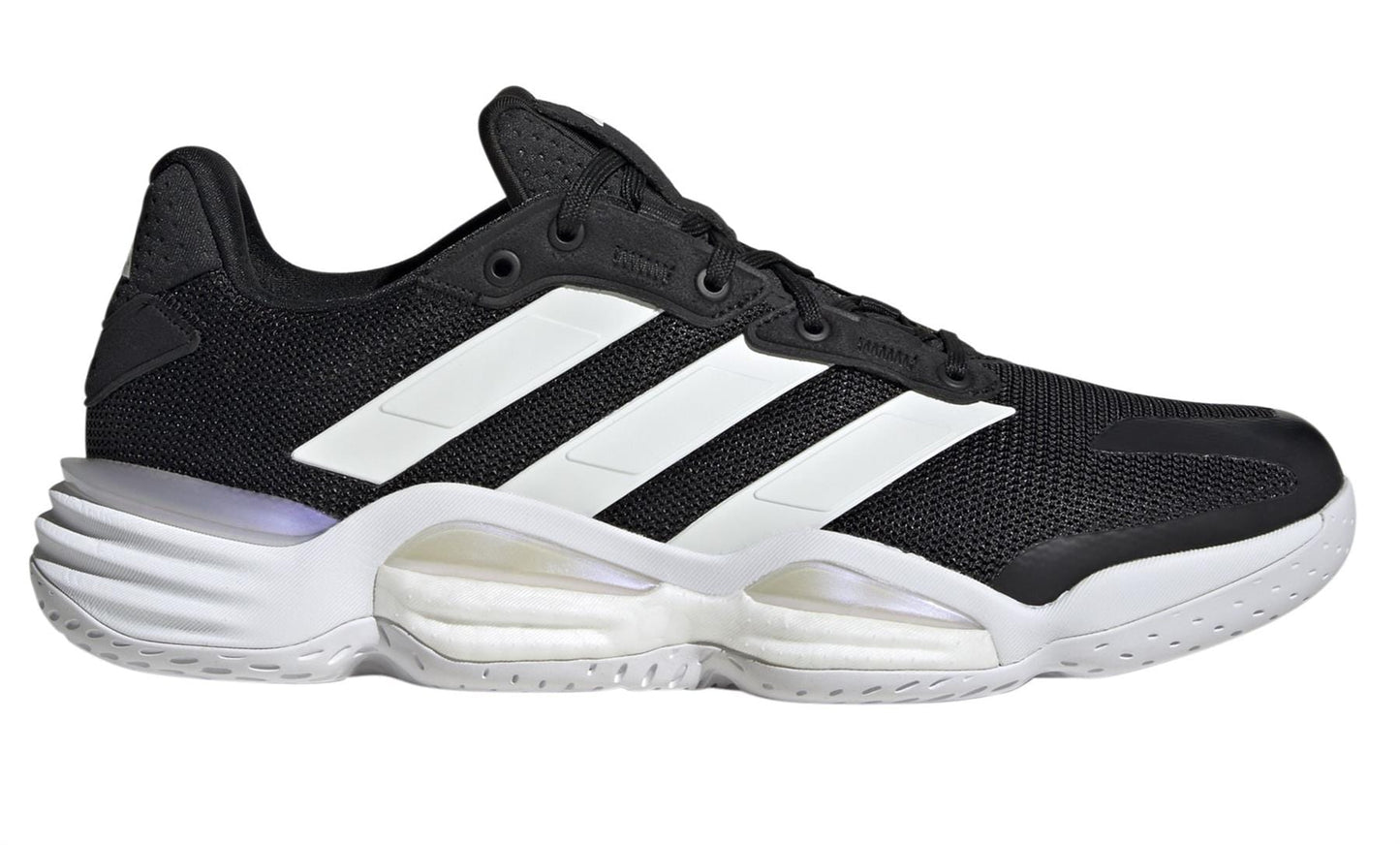 The ADIDAS Stabil 16 Men's Indoor Court Shoes in black feature a mesh upper with three iconic white stripes, a textured BOOST midsole, and black laces, delivering enhanced performance.