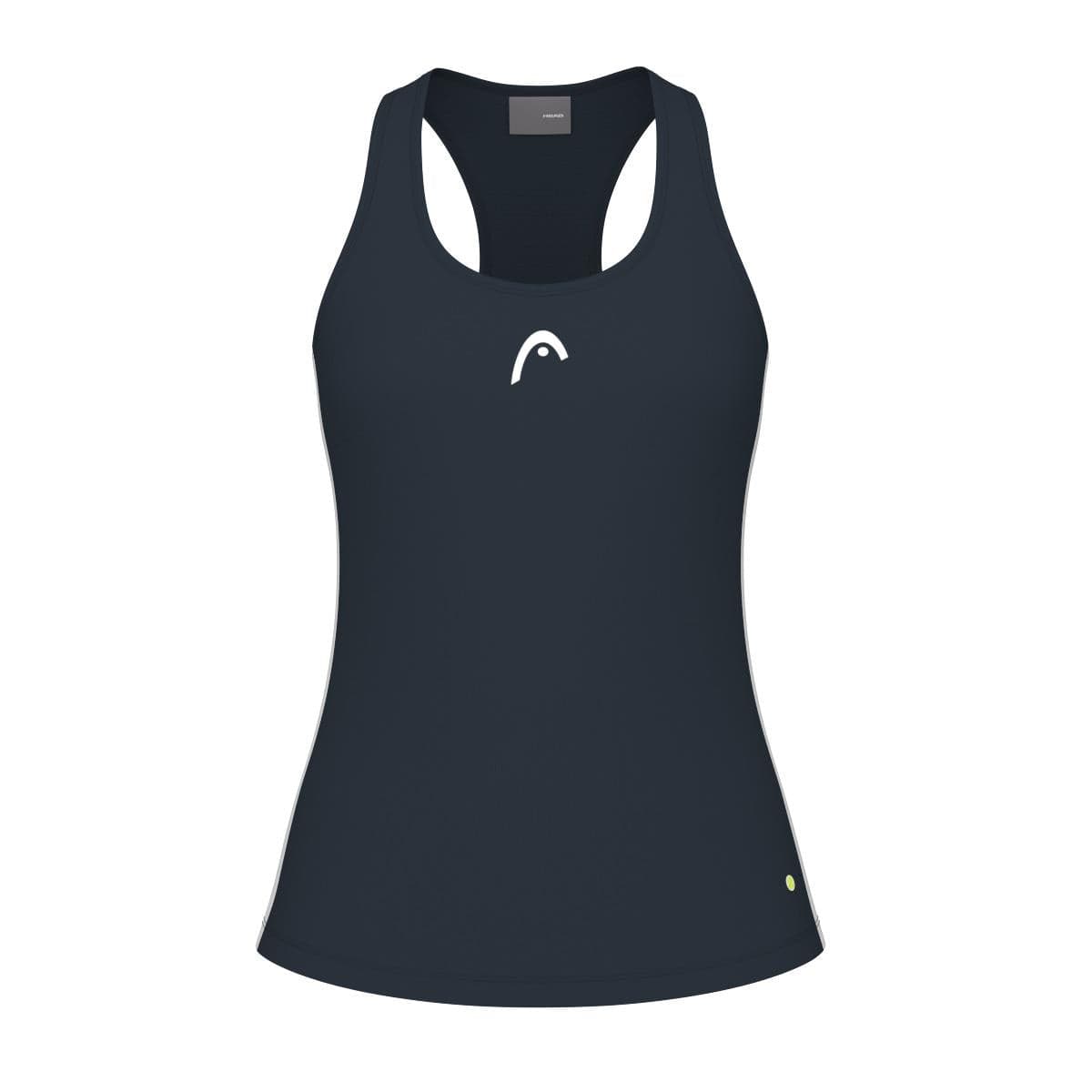 The HEAD Spirit Women's Tennis Tank Top in navy is a sleeveless athletic garment with a racerback design, incorporating MXM technology for enhanced performance. It also features a small white logo on the upper chest area.