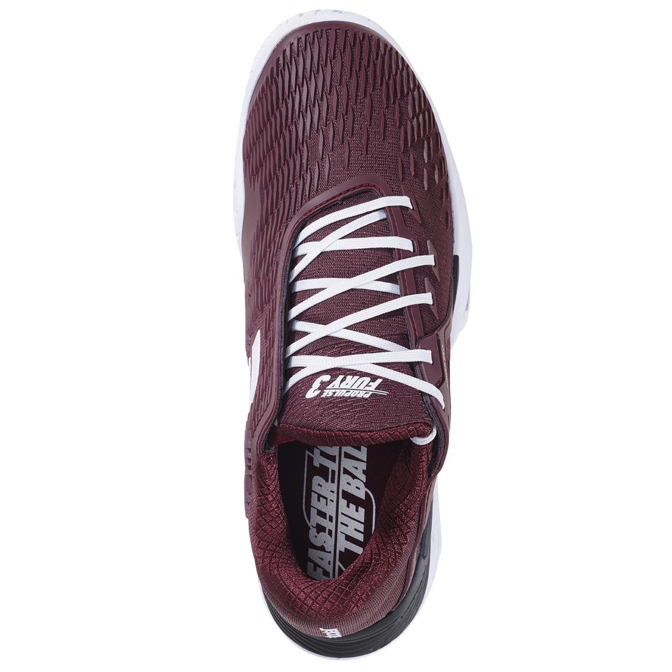 Top view of the Babolat Propulse Fury 3 Men's Tennis Shoe in Port Royale, featuring white laces, a white sole, and "CONTROL THE BALL" on the black insole—designed for superior lateral support by Babolat.