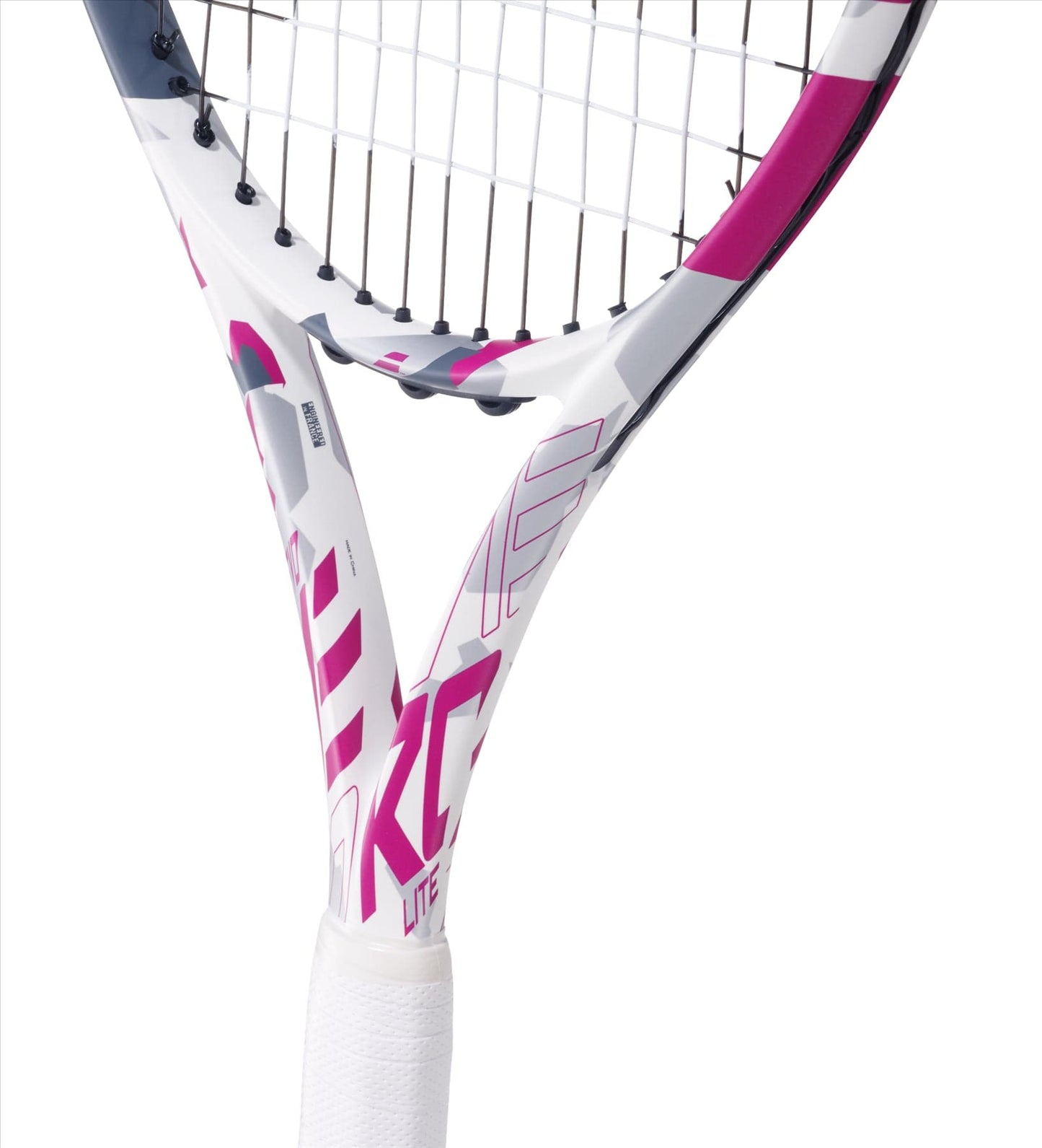 Close-up of a Babolat Evo Aero Lite Tennis Racket - Pink, featuring a white and pink frame with a white grip. The strings are visible, highlighting its spin potential, while bold graphics and text decorate the frame, providing power and comfort with every swing.