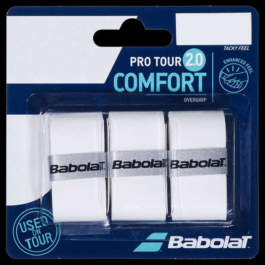 The Babolat Pro Tour Tennis Overgrip X3 in white is perfect for advanced players, featuring three grips per pack. The packaging emphasizes "Tacky Feel" and "Enhanced Feel," with a design that includes a tennis racquet and player silhouette, along with the "Used on Tour" and Babolat logos.
