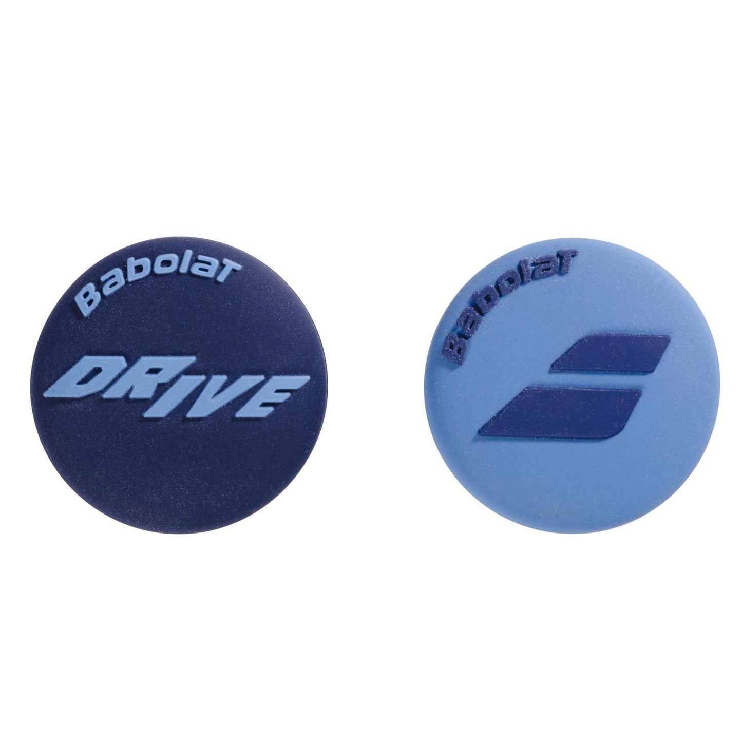 The Babolat Drive Damp X2 Tennis Dampener - Blue consists of two expertly crafted, round dampeners for optimal shock absorption: one dark blue with "Babolat DRIVE" text and one light blue featuring the logo, both designed to reduce vibrations effortlessly.