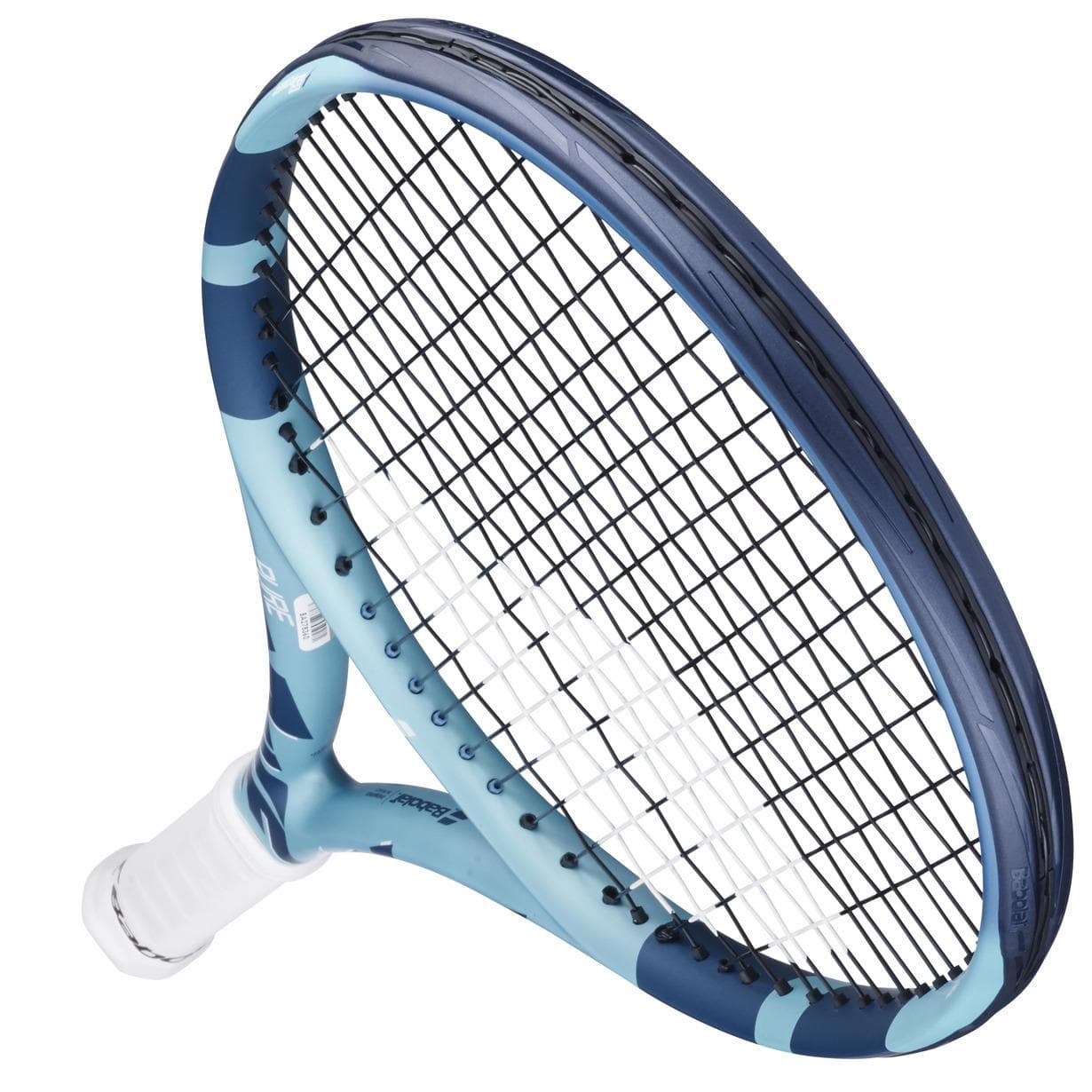 The Babolat Pure Drive Junior 26 Gen 11 Tennis Racket, in light blue and white, features a black-stringed frame with a camouflage pattern and is designed for young players. The handle has a white grip, and the racquet is elegantly tilted against a plain white background.