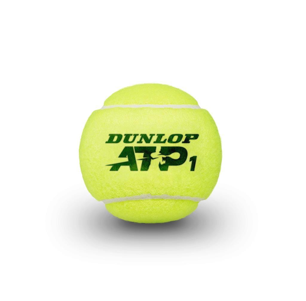 A vivid yellow tennis ball showcasing the "Dunlop ATP" logo in black, produced with HD Pro Cloth to ensure premium quality. This ITF Approved ball is ideal for ATP World Tour matches and is displayed against a simple white background.