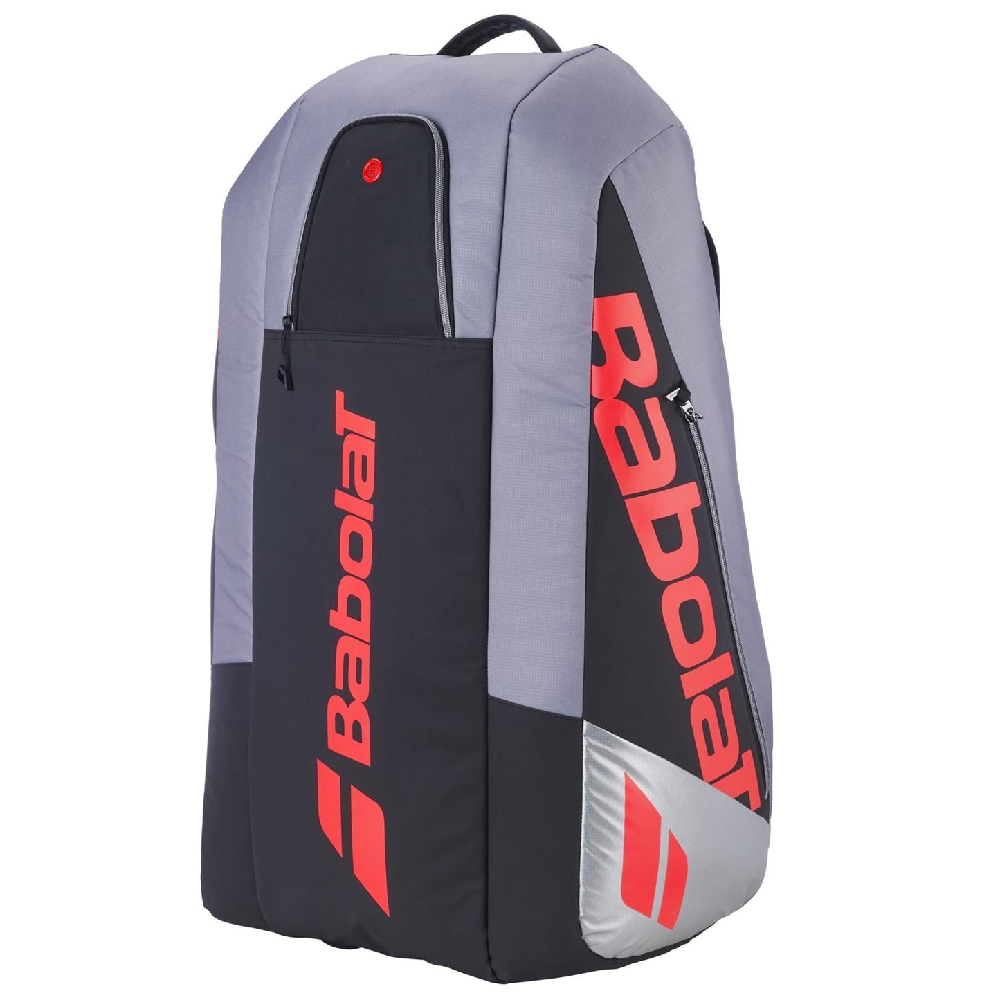 The Babolat RH9 Pure Strike 9 Racket Tennis Racket Bag in Carbon Grey features bold red branding, a top handle, multiple zippered compartments, and a water-repellent design—ideal for carrying your tennis gear in style.