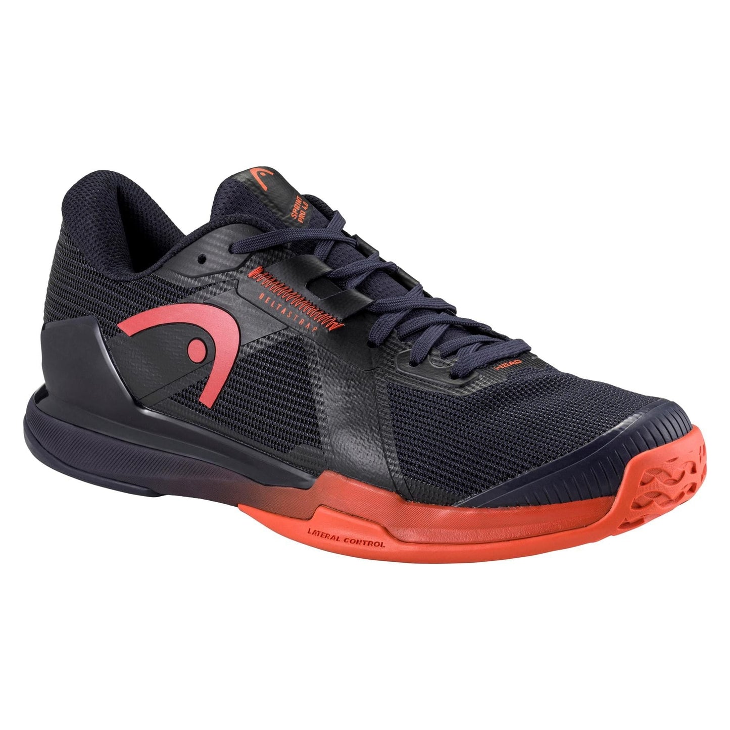 The HEAD Sprint Pro 4.0 Men's Tennis Shoes, in dark blue/red, feature a mesh upper with lightweight comfort, cushioned heel, and side branding. Designed for sports, they boast a textured all-court outsole for versatile performance.