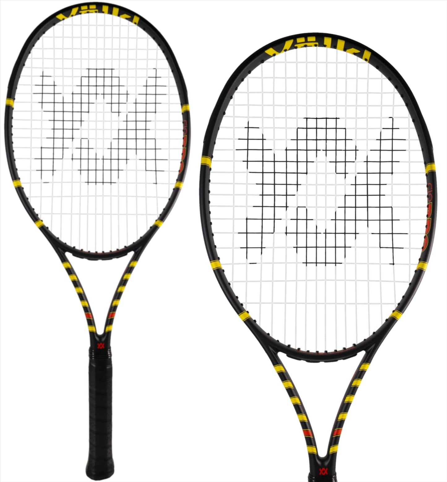 Two Volkl C10 Pro 2022 tennis rackets in black and yellow are showcased, emphasizing their unique string pattern against a simple white background. One racket is displayed completely, while the other focuses on the head to highlight the Volkl logo, known for its Precise Power Technology.