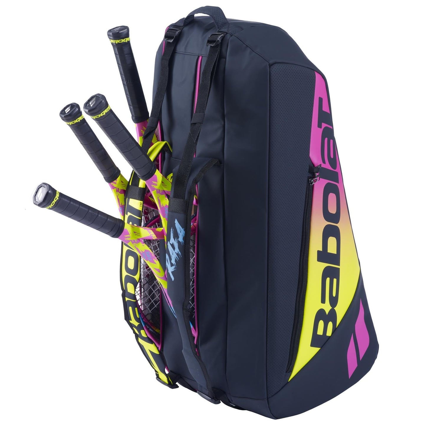 The Babolat RH6 Pure Aero Rafa II tennis bag is ideal for advanced players, featuring a spacious blue design with vibrant yellow and pink accents. It can accommodate four racquets with black grips, and the "Babolat" brand name is highlighted in striking colors.