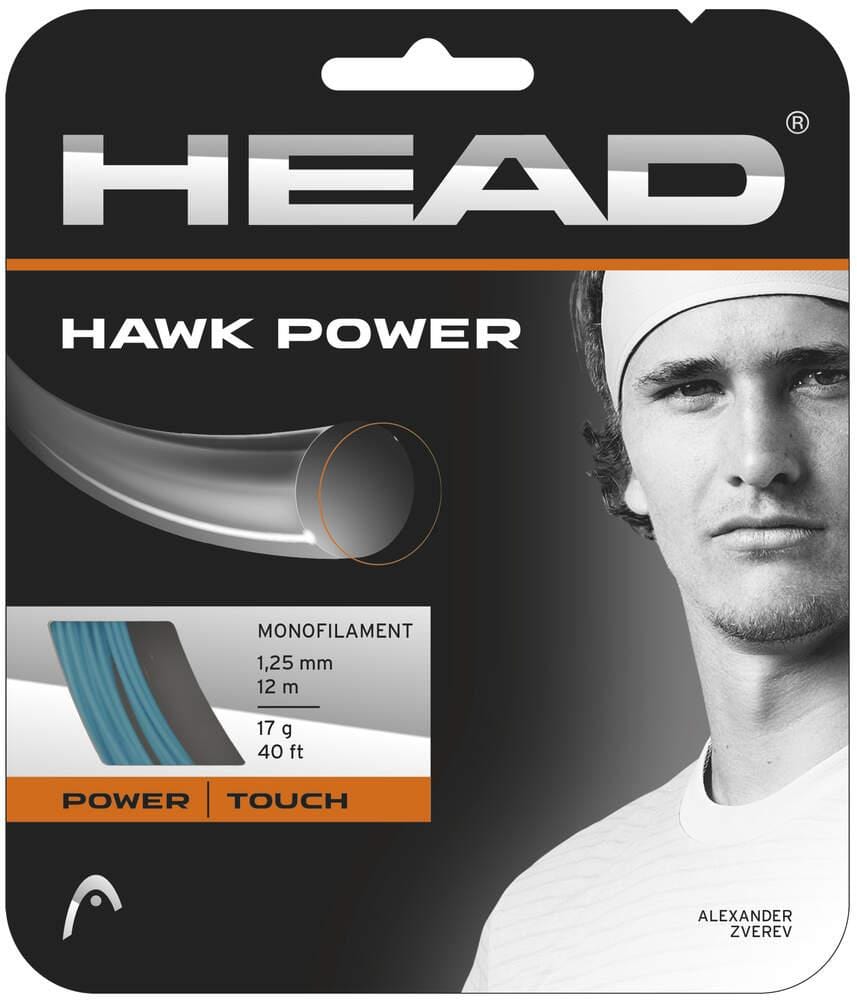 The packaging of the HEAD Hawk Power 12m String Set - Petrol by HEAD highlights its multifilament strings tailored for high-performance athletes and includes product details with a picture of someone sporting a headband.