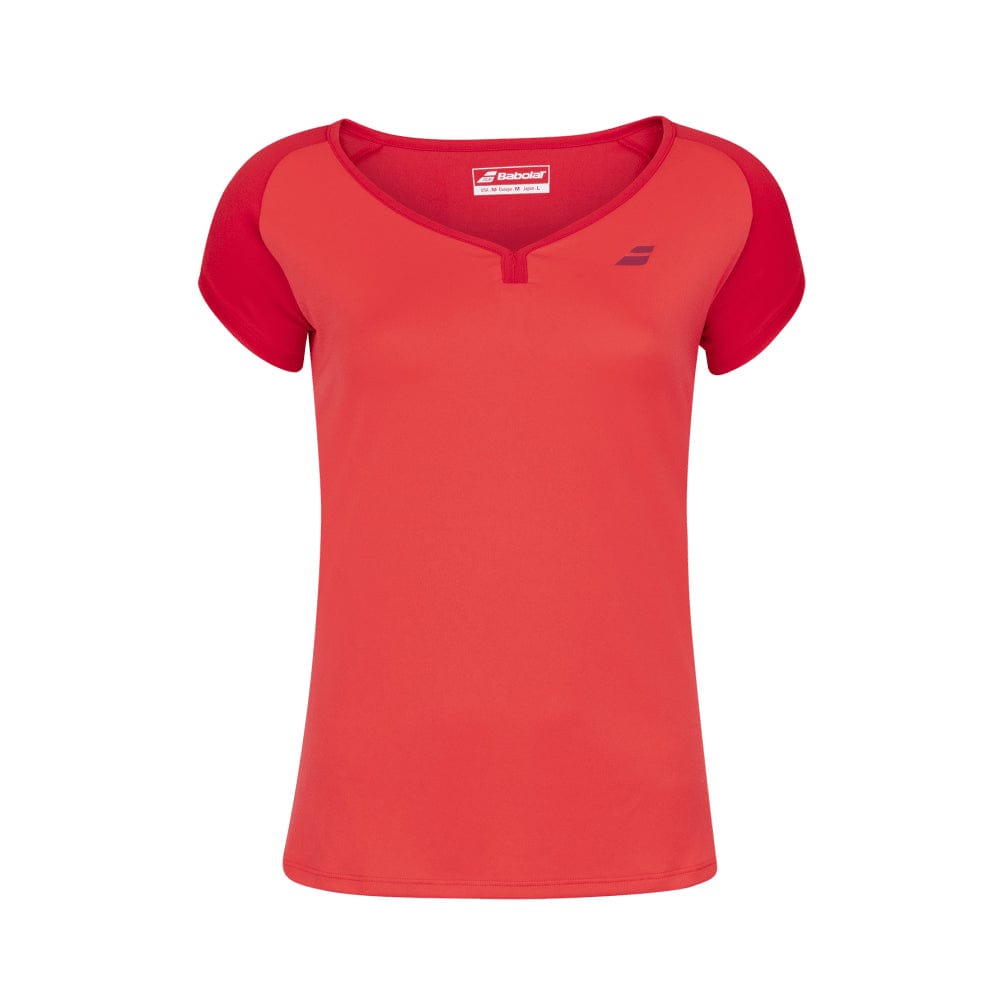 Tomato Red Babolat Play Women's Cap Sleeve Tennis Top with a V-neck design, featuring a small logo on the upper chest. Crafted from FiberDry fabric, this top showcases darker red shoulder accents and boasts a fitted style, making it ideal for sports or casual wear.