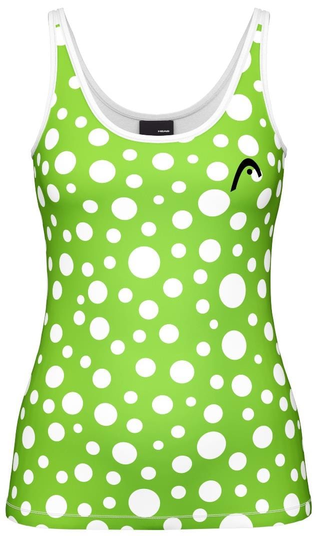 The HEAD Spirit II Women's Tennis Tank Top - IGXR by HEAD is sleeveless, fitted, and features a green base with various-sized white circles. A small black logo adorns the upper left side, and it's designed with moisture transfer microfiber for improved cooling technology.