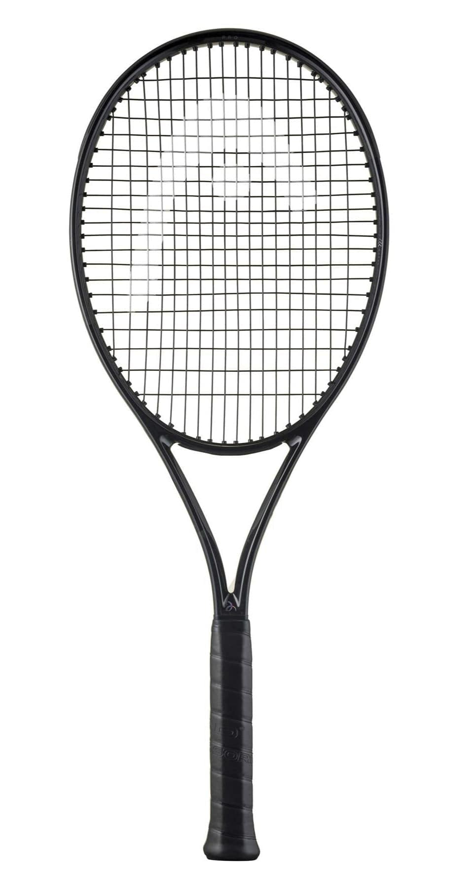 A HEAD Speed Pro Legend 2024 Tennis Racket, frame only and black in color, with a grid-patterned string face and dark handle designed with Auxetic 2.0 technology for improved performance, is set against a plain white background.
