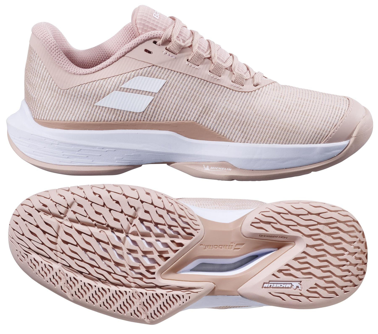 The Babolat Jet Tere 2 All Court 2025 Women's Tennis Shoes in Evening Sand are ultra-lightweight with a textured sole, providing comfort and stability. A mesh upper, white midsole, and traction pattern enhance grip, while the brand logo is prominently displayed on the side and bottom.