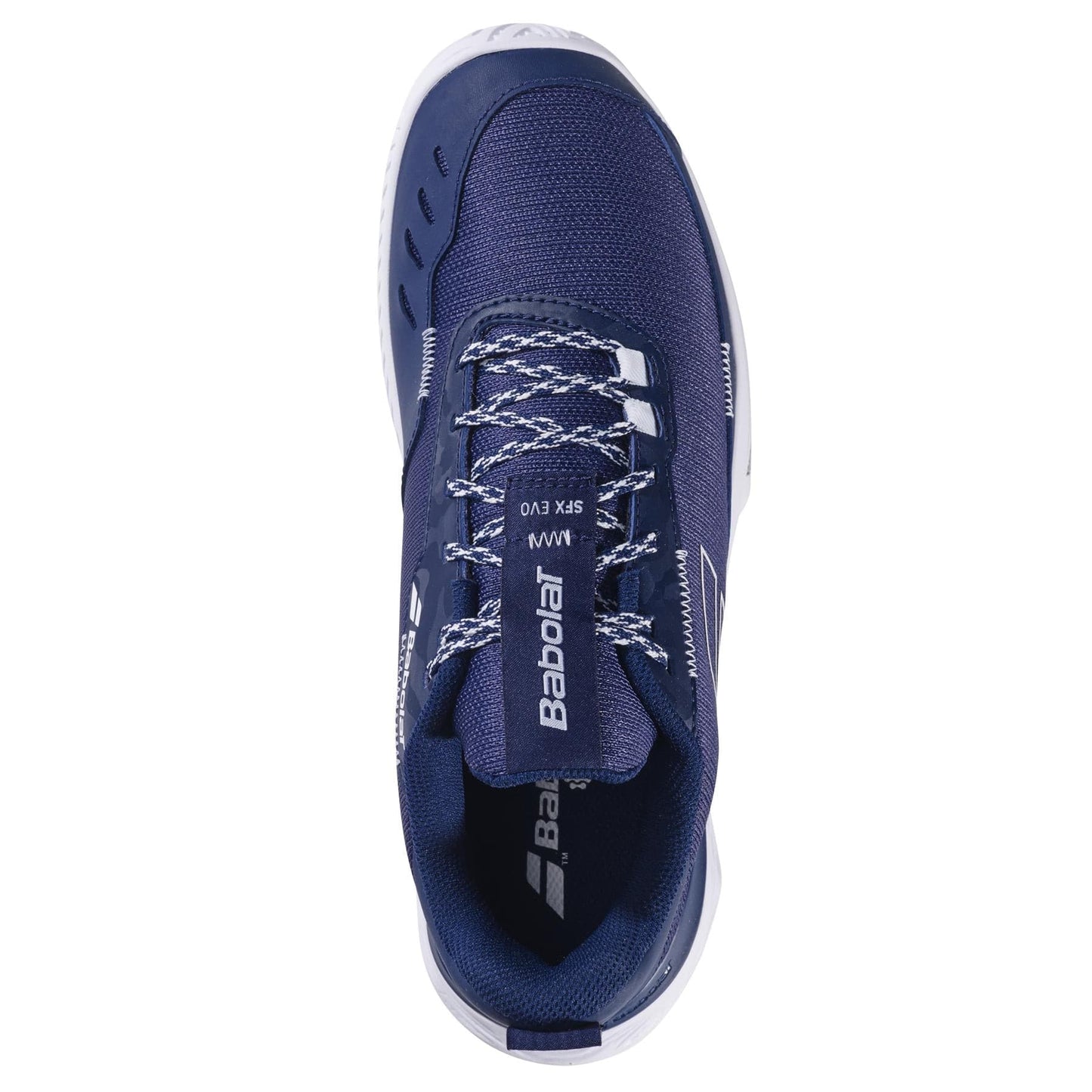 Top view of the Babolat SFX EVO All Court 2025 Men's Tennis Shoes in dark blue and white. "Babolat" appears on the tongue and side. Features a textured Michelin Original rubber sole and patterned laces for style.