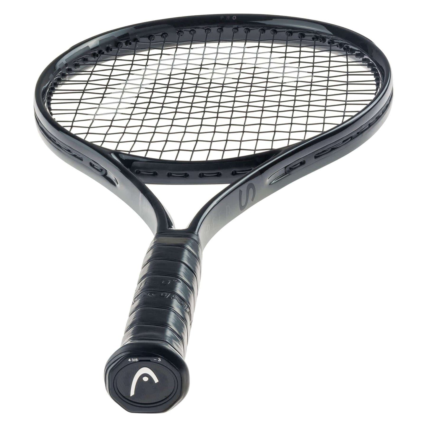 Introducing the HEAD Speed Pro Legend 2024 Tennis Racket - Black (Frame Only), which showcases a woven string pattern and wrapped grip handle. Positioned horizontally with the head facing forward, this racket incorporates Auxetic 2.0 technology and draws inspiration from Novak Djokovic's Speed Pro Legend series, ensuring peak performance on the court.