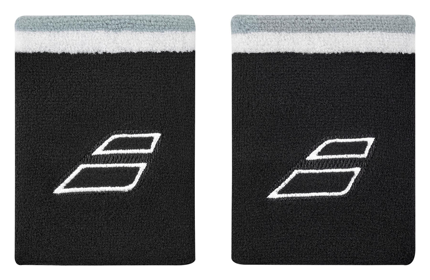The Babolat Terry Jumbo Wristband in black and white showcases a white logo with diagonal shapes on two terrycloth wristbands. These absorbent accessories are enhanced with a light gray and white stripe at the top edge for added style.