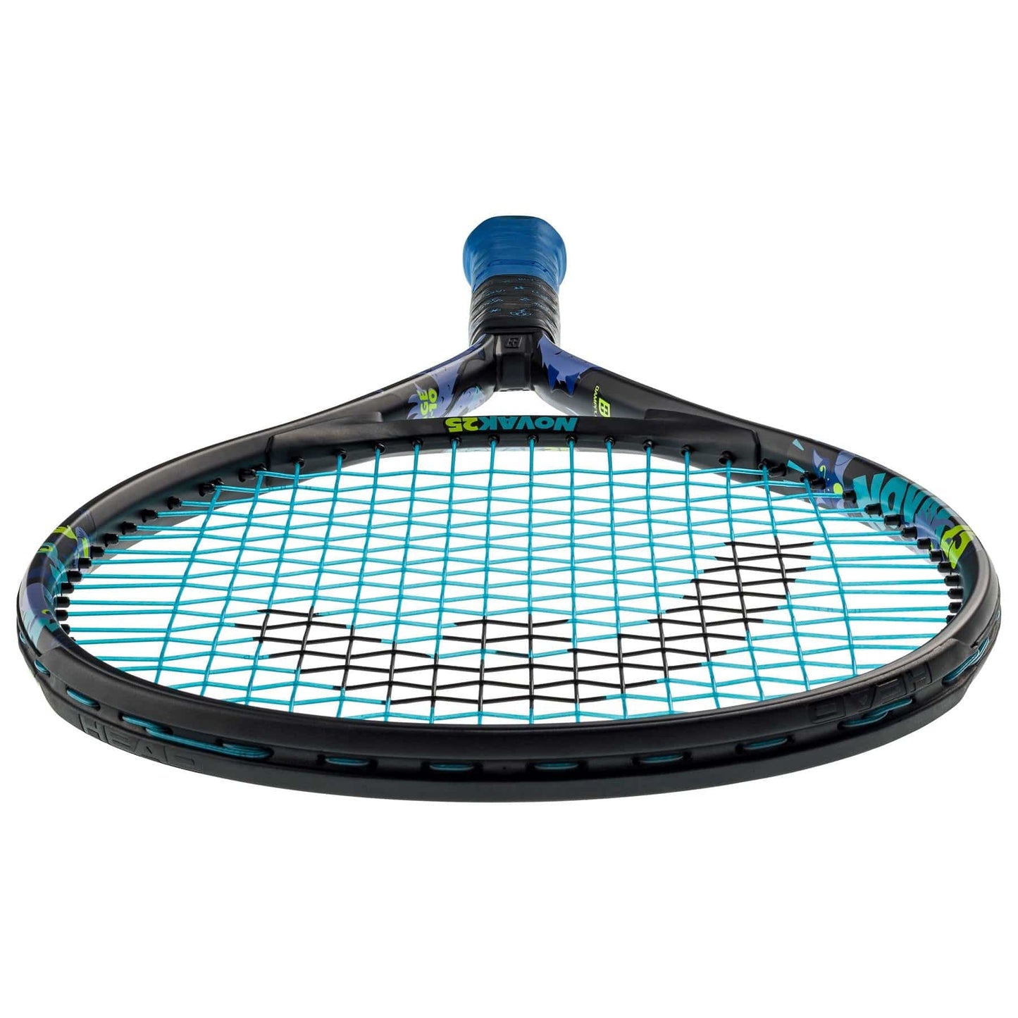 Close-up of the HEAD Novak 25 Junior Tennis Racket in black with blue strings. The grip is wrapped in blue tape, highlighted by blue and green accents. It includes a damp+ insert for smooth play. The logo is visible on the strings, and the racket, inspired by Novak Djokovic's style, is positioned horizontally.