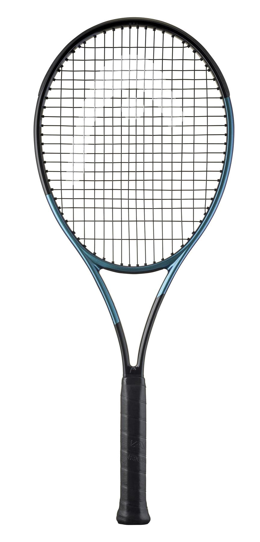The HEAD Gravity MP L 2025 Tennis Racket, with Auxetic 2.0 technology and a large sweet spot, showcases a black handle and blue accents against a white background.