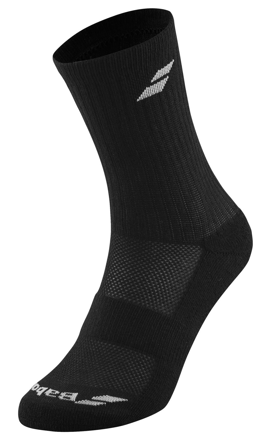 The Babolat Long 3 Pack Tennis Socks in black, designed for tennis players, feature a ribbed cuff and display a white logo near the top. With reinforced stitching for added durability and extra cushioning for enhanced comfort, these socks ensure breathability, making them ideal for sports or active wear.