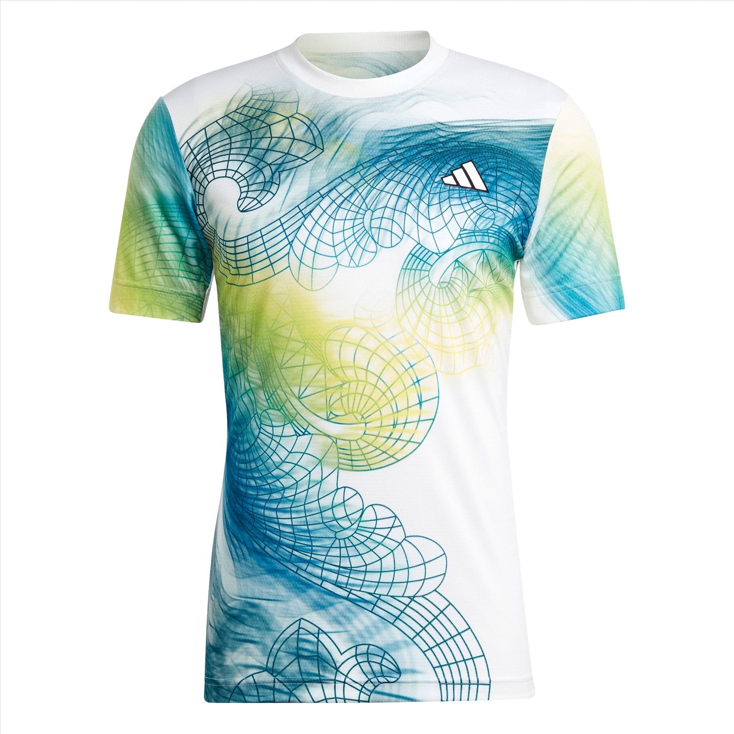 The adidas Men's Printed Aeroready Freelift Pro Tennis T-Shirt - White showcases a vivid abstract swirl of blue, green, and yellow on a clean white canvas. Made from recycled materials, it is designed with a subtle white geometric logo on the chest and features HEAT.RDY technology to keep you comfortable during intense tennis matches.