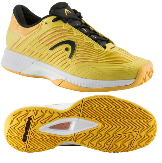 Presenting the HEAD Revolt Pro 4.5 Men's Tennis Shoes in Banana/Black: This sleek tennis shoe features a striking yellow and black color scheme with a textured design that seamlessly incorporates a matching yellow sole. The side view highlights its intricate tread pattern, engineered with cutting-edge performance technologies to deliver superior stability for your game on the court.