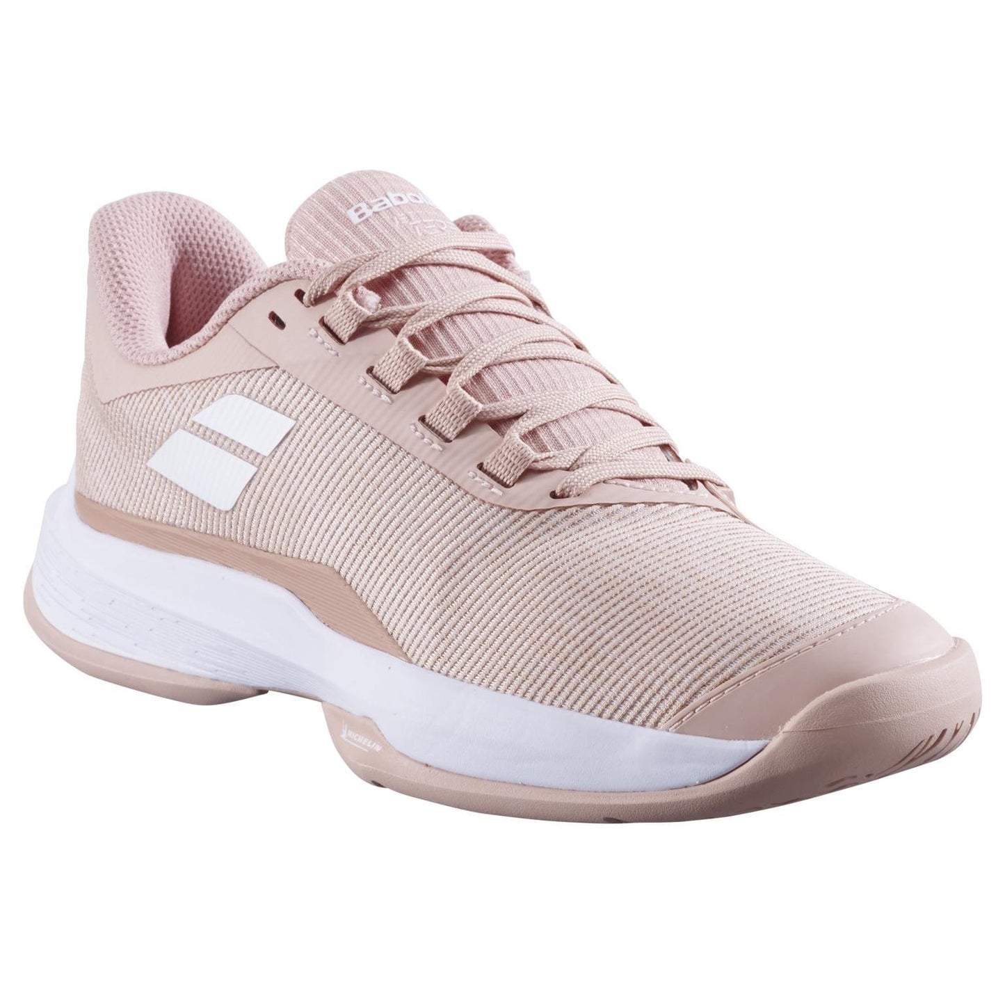 The Babolat Jet Tere 2 All Court 2025 Women's Tennis Shoes in Evening Sand have a textured fabric upper with white accents, a rubber sole, and white logo details. Offering comfort and stability, it features a lace-up closure for an ultra-lightweight tennis shoe experience.